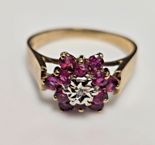 9ct Yellow Gold Ring Ruby and Diamond Floral Cluster UK Ring Size R