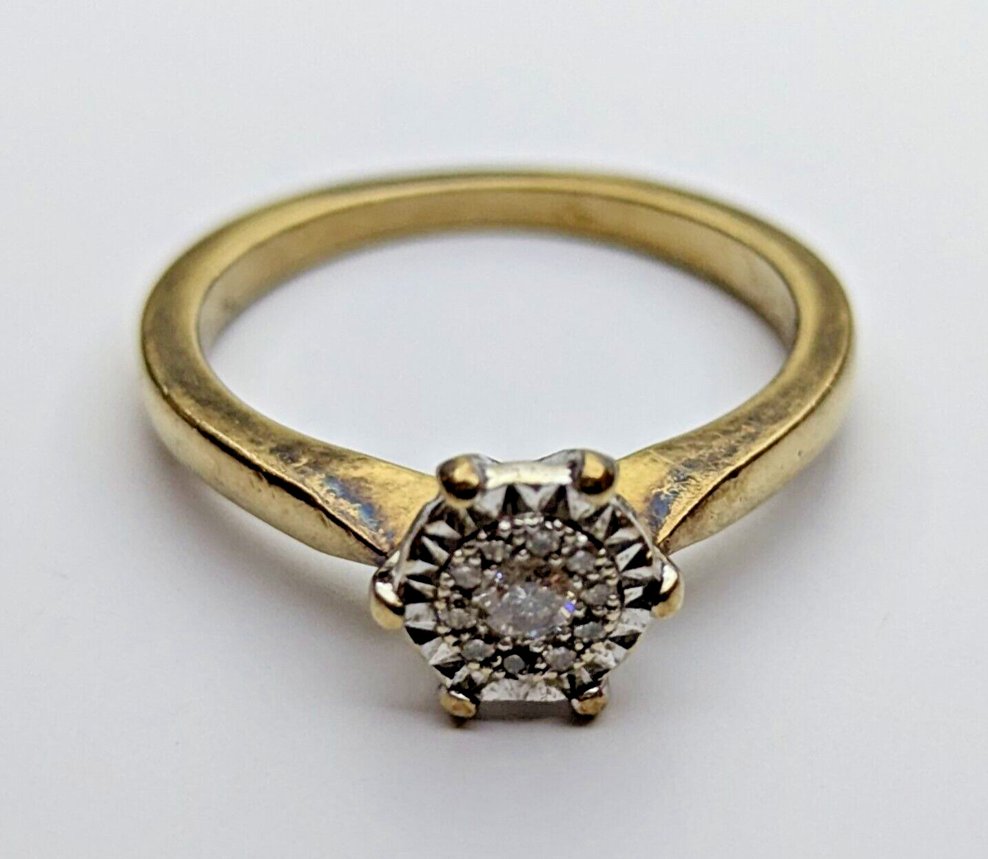 Vintage 9ct Yellow Gold Ring Round Diamonds Gemstone Prong Setting Ring Size L