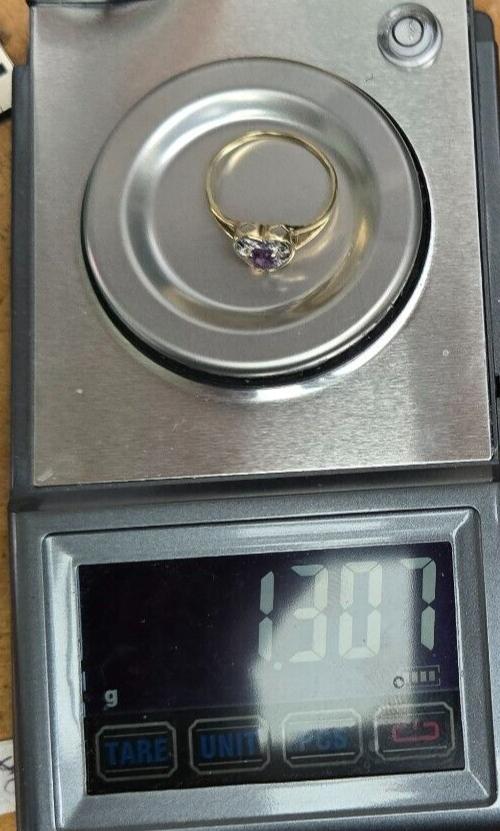 9ct Yellow Gold Heart Ring Purple Amethyst & Diamonds 375 Hallmarked Ring Size O