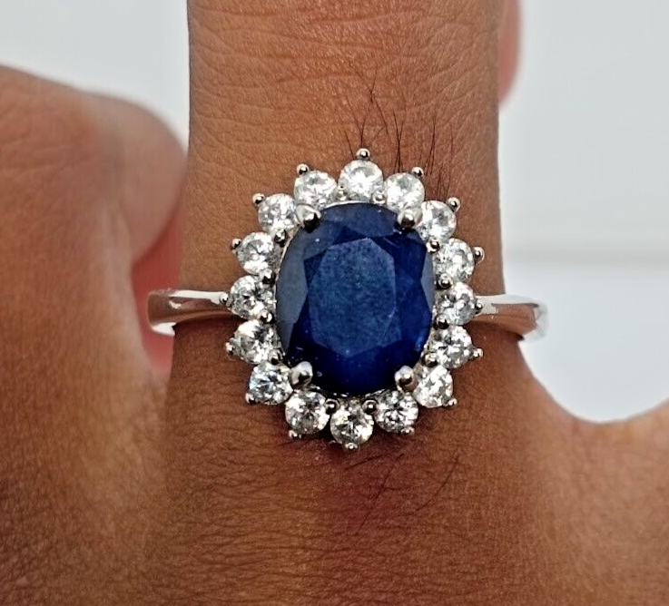 925 Silver Ring Blue Sapphire Gemstone Sterling Silver Band UK Ring Size U 1/2
