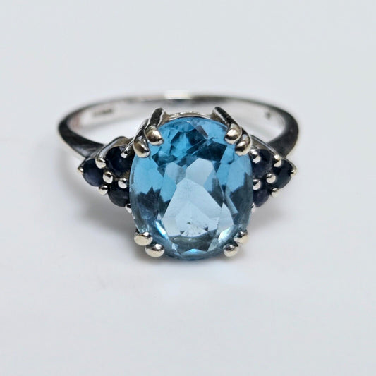 9ct White Gold Ring Blue Oval Topaz & Sapphire Gemstones UK Ring Size N
