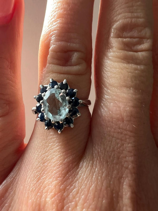 9ct White Gold Ring Oval Blue Aquamarine and Sapphire Gemstones UK ring Size K