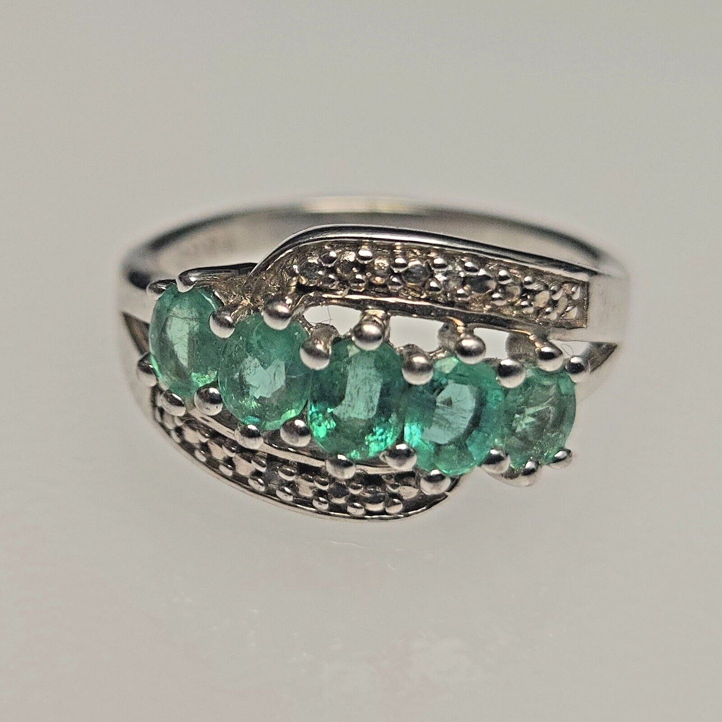 Silver Ring Green Emerald & Diamond Ring 925 Silver Hallmarked Ring Size L 1/2