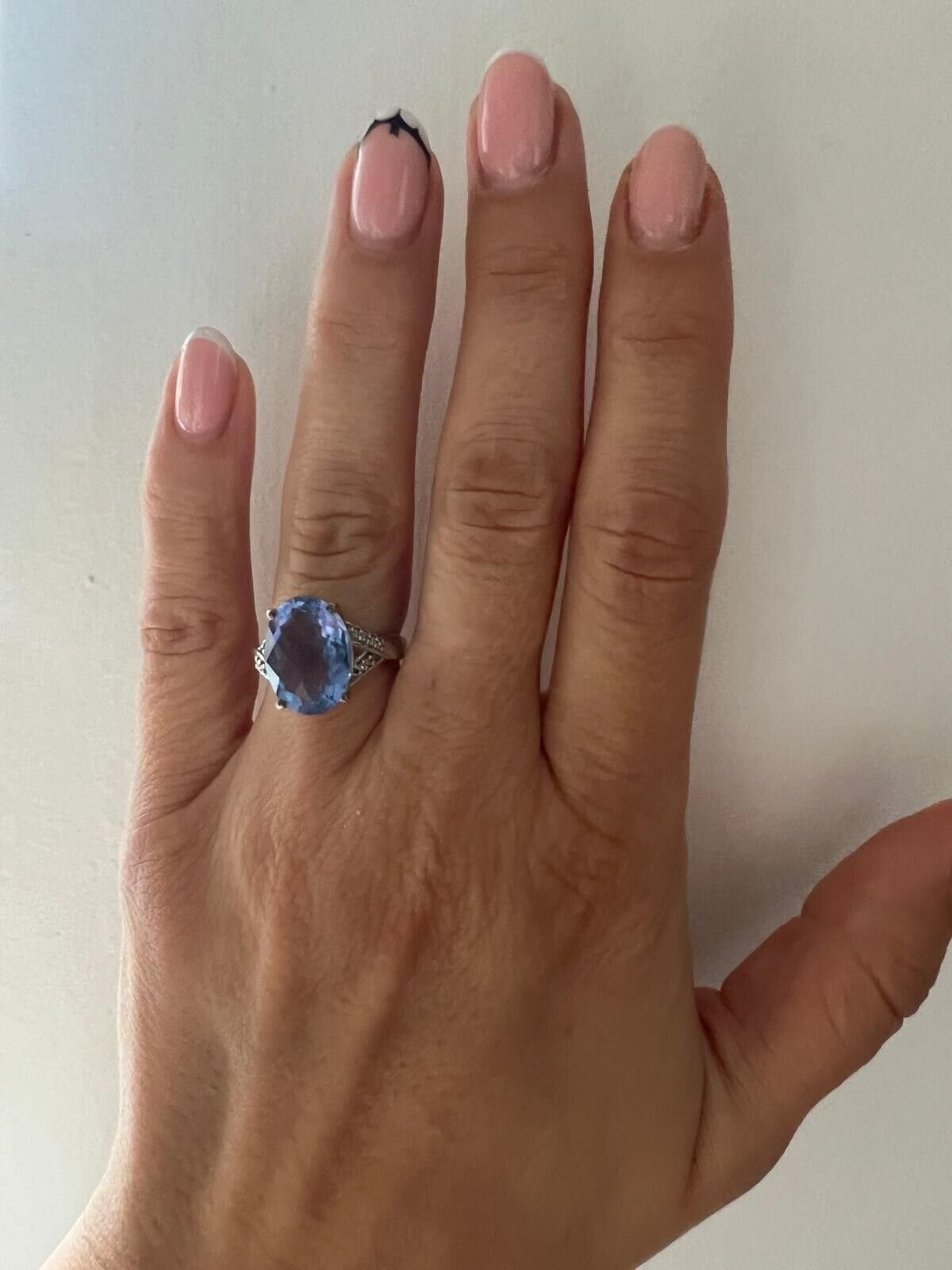9ct White Gold Ring Oval Blue Fluorite and Diamonds UK Ring Size J 1/2