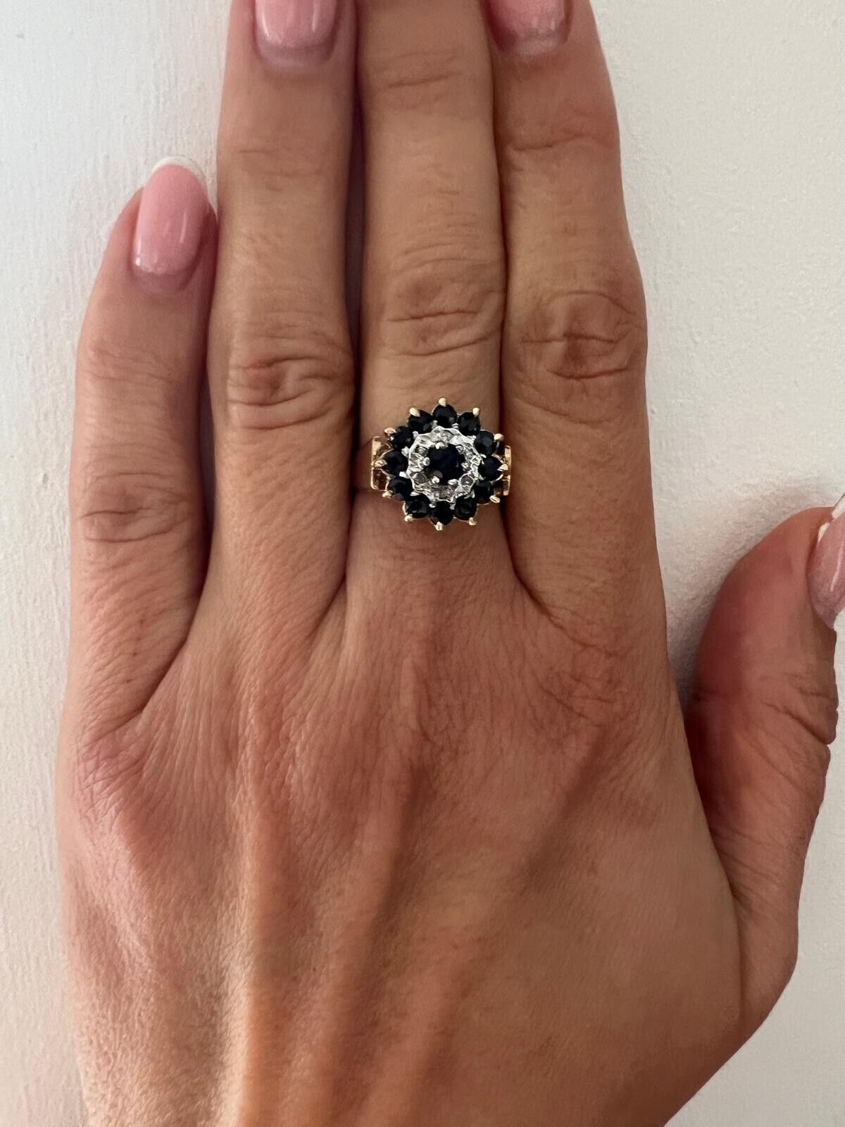 9ct Yellow Gold Ring Blue Round Sapphire & Colourless Diamonds Ring Size M 1/2
