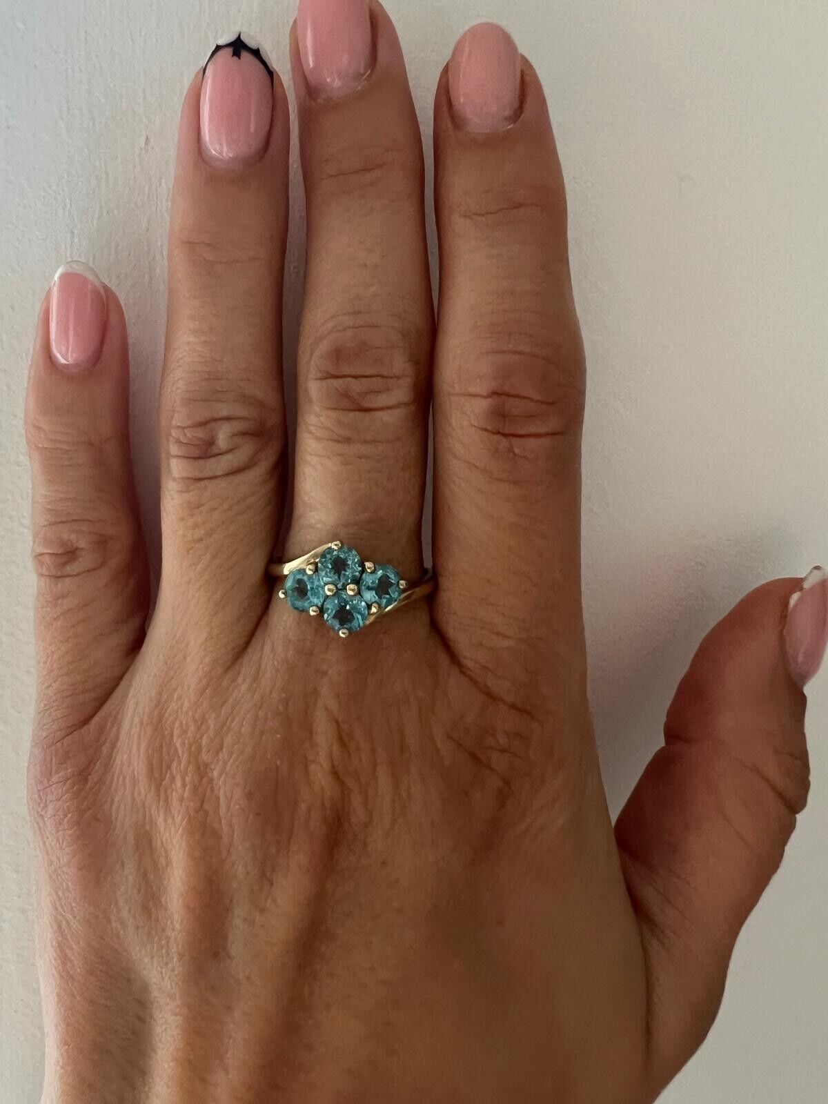 9ct Yellow Gold Ring 4x Round Blue Topaz Natural Gemstones UK Ring Size S