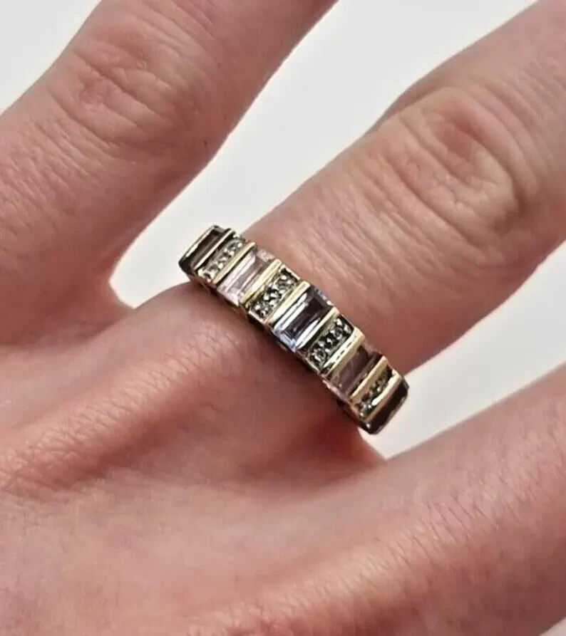 9ct Yellow Gold Multi-Gemstone Ring Blue & Pink Topaz & Diamonds Ring Size O 1/2