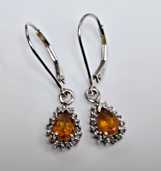 9ct White Gold Orange Drop Earrings Citrine Pear Gemstones