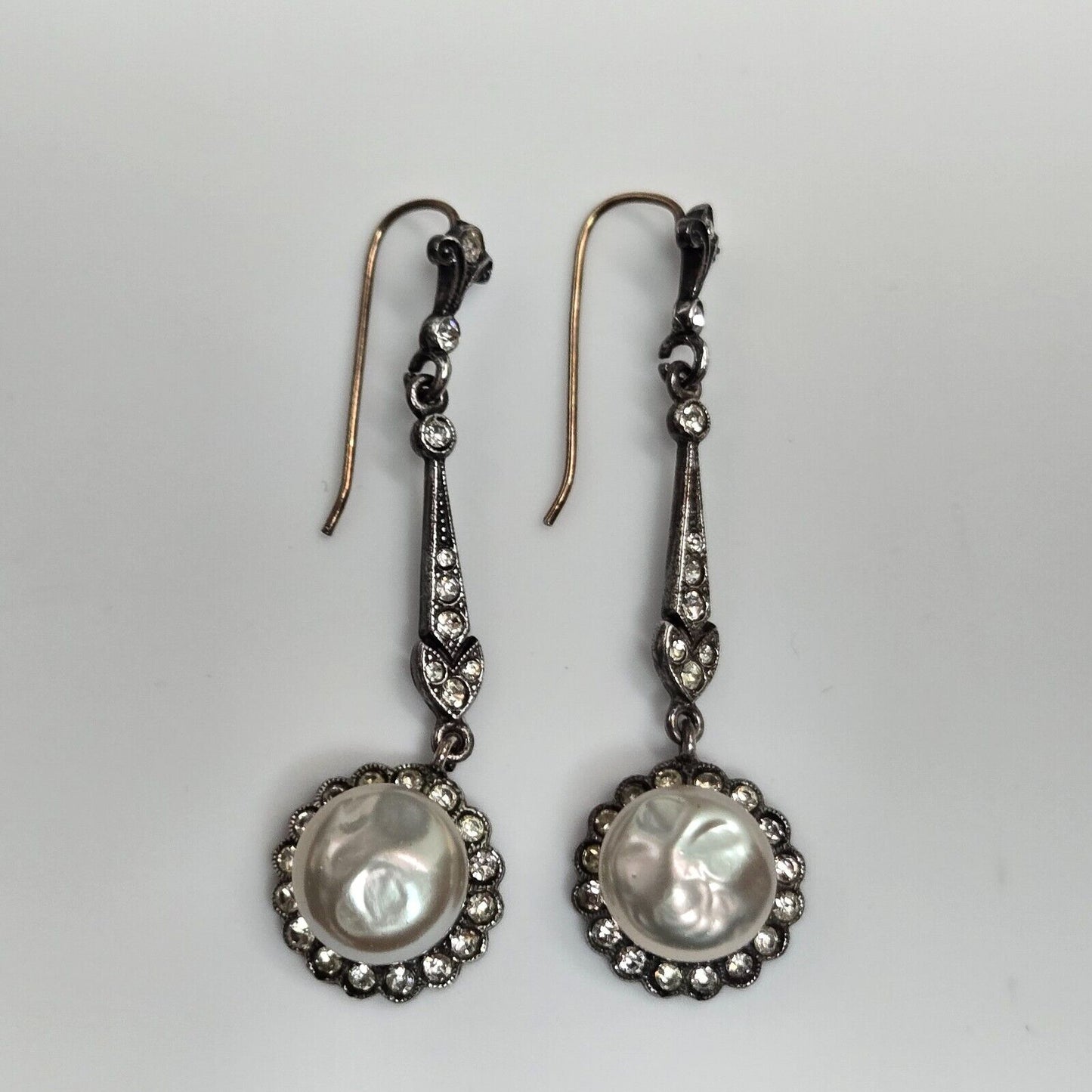 925 Silver Earrings With Paste 'Pearls & Diamonds' Drop Victorian Sterling
