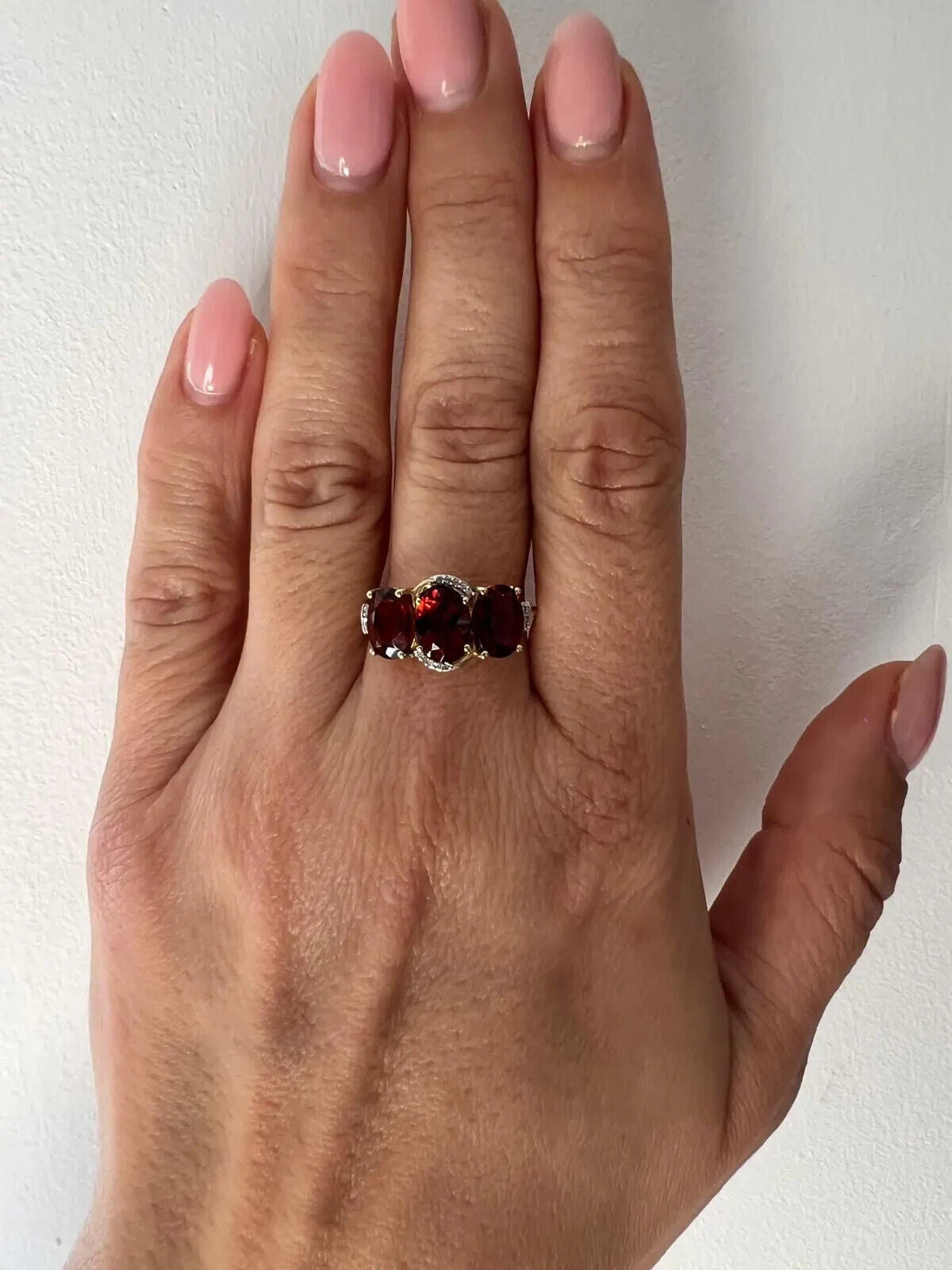 9ct Yellow Gold Ring Red Oval Garnet & Diamonds Gemstones Ring Size Q 1/2