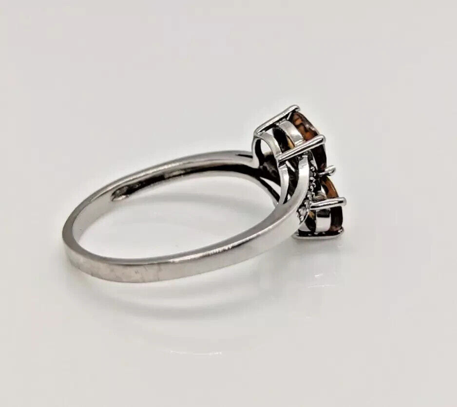 9ct White Gold Ring Round Orange Topaz and Diamond Gemstones Ring Size S