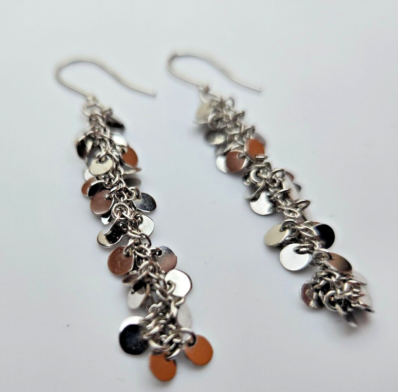 Sterling Silver Dangly Sequin Earrings Ear Wire Hook 50mm Drop Length