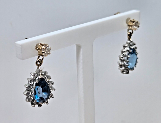 9ct Yellow Gold Dangle Earrings Blue Topaz Gemstones Butterfly Closures
