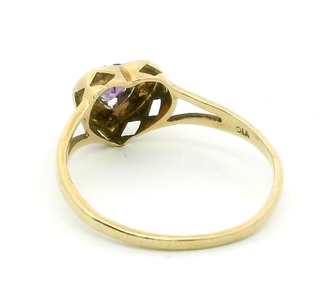 9ct Yellow Gold Heart Ring Purple Amethyst & Diamonds 375 Hallmarked Ring Size O
