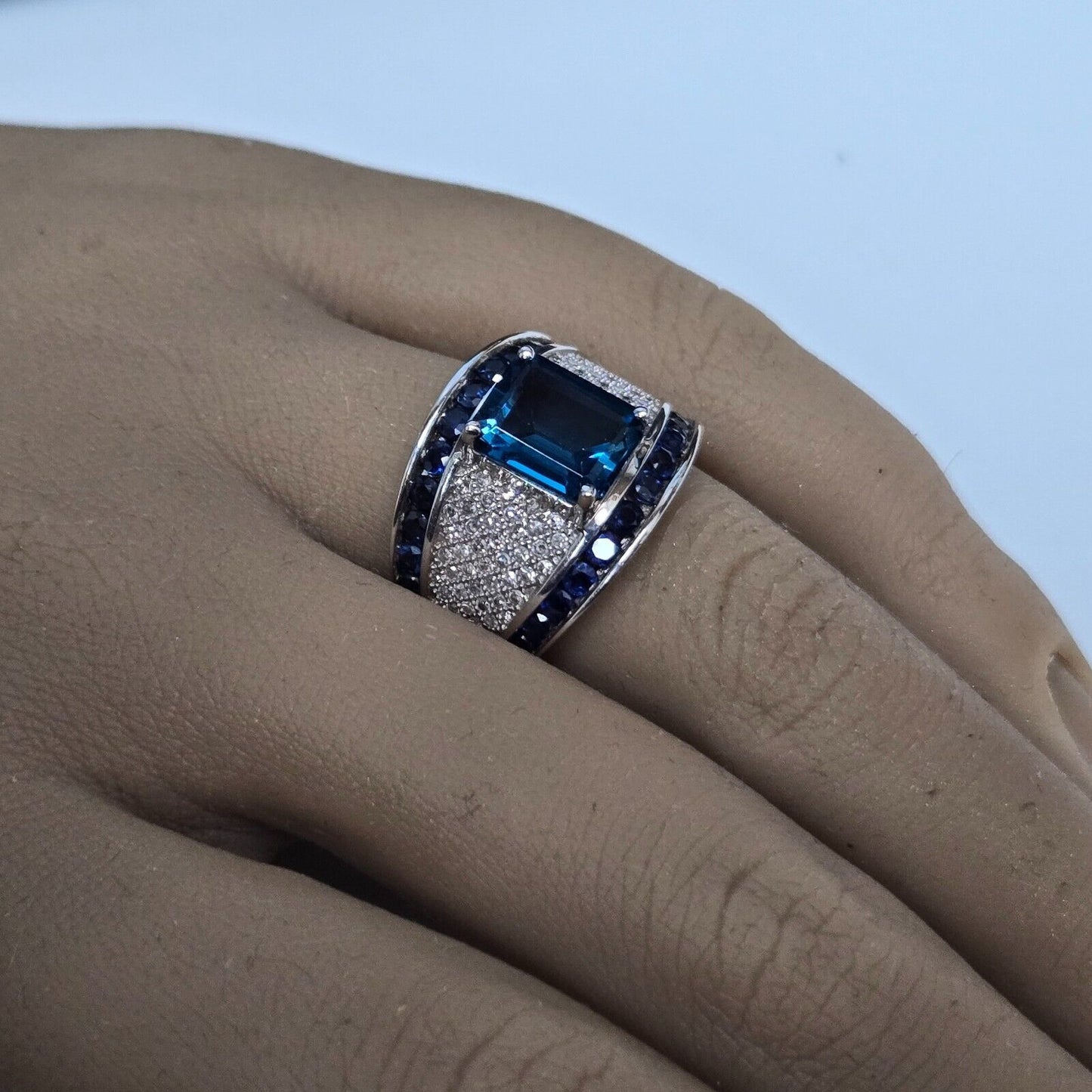 9ct White Gold Ring Diamond, Sapphire & Blue Topaz Wide Band UK Ring Size O