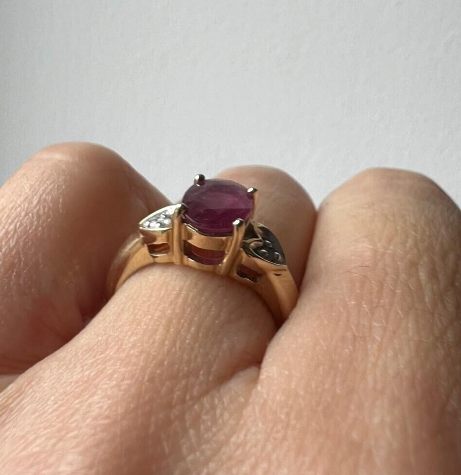 9ct Yellow Gold Ring Oval Red Ruby and Diamonds Gemstones UK Ring Size J