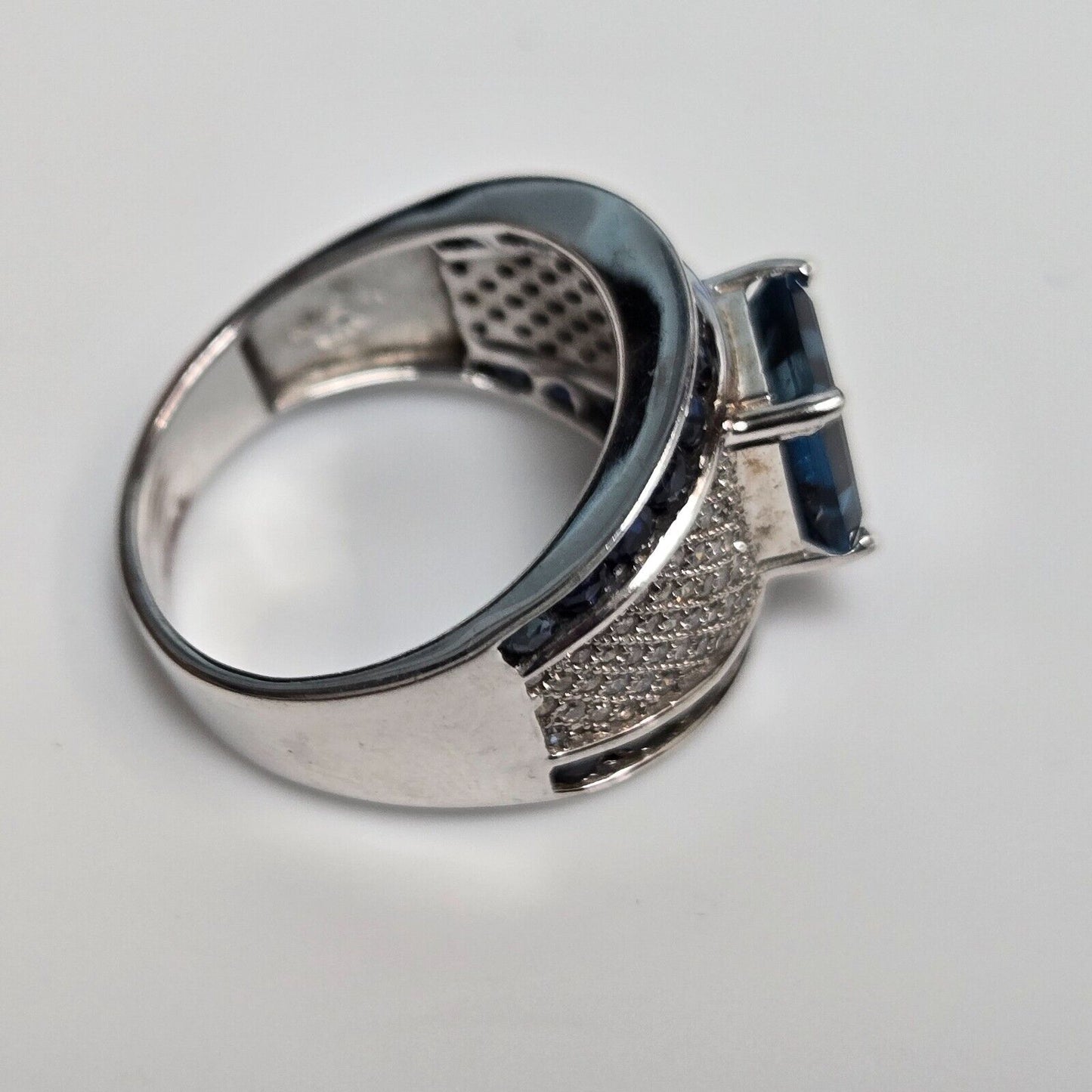 9ct White Gold Ring Diamond, Sapphire & Blue Topaz Wide Band UK Ring Size O