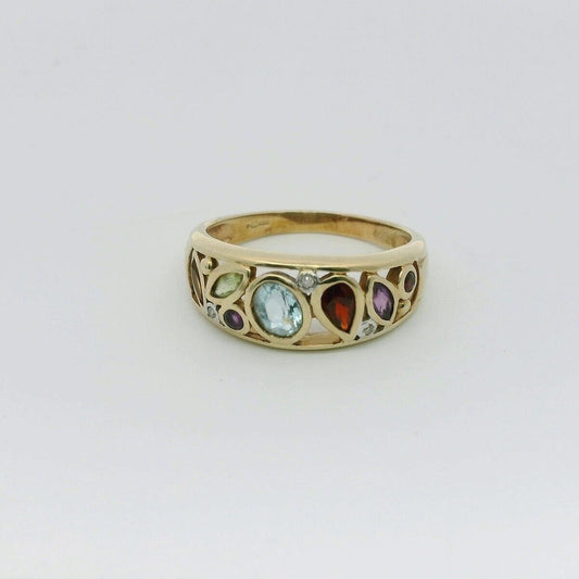 9ct Yellow Gold Ring Multi Colour Gemstones Wide Dome Setting Ring Size O 1/2