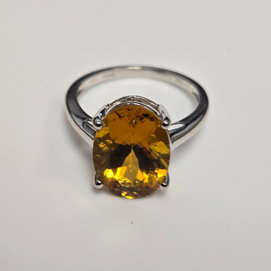 9ct White Gold Ring Orange Citrine Prong Setting Statemetn Ring Size N 1/2