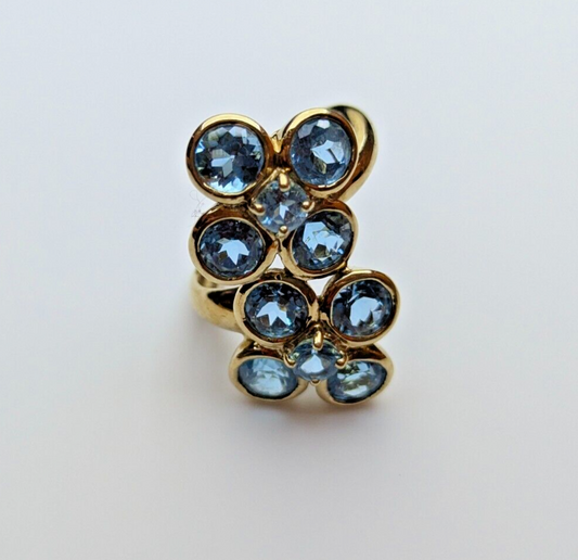 9ct Yellow Gold Ring Blue Topaz Gemstones 375 Hallmarked Statement Ring Size P