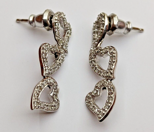9ct White Gold Dangle Earrings Colourless Diamonds Gemstones Heart Shape Setting