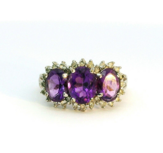 9ct Yellow Gold Ring Purple Amethyst & Diamonds Prong Setting Ring Size N 1/2