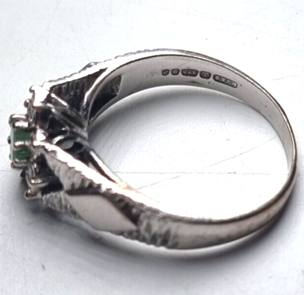 9ct White Gold Ring Green Emerald & Diamond Cluster Ring Size Q 1/2 -