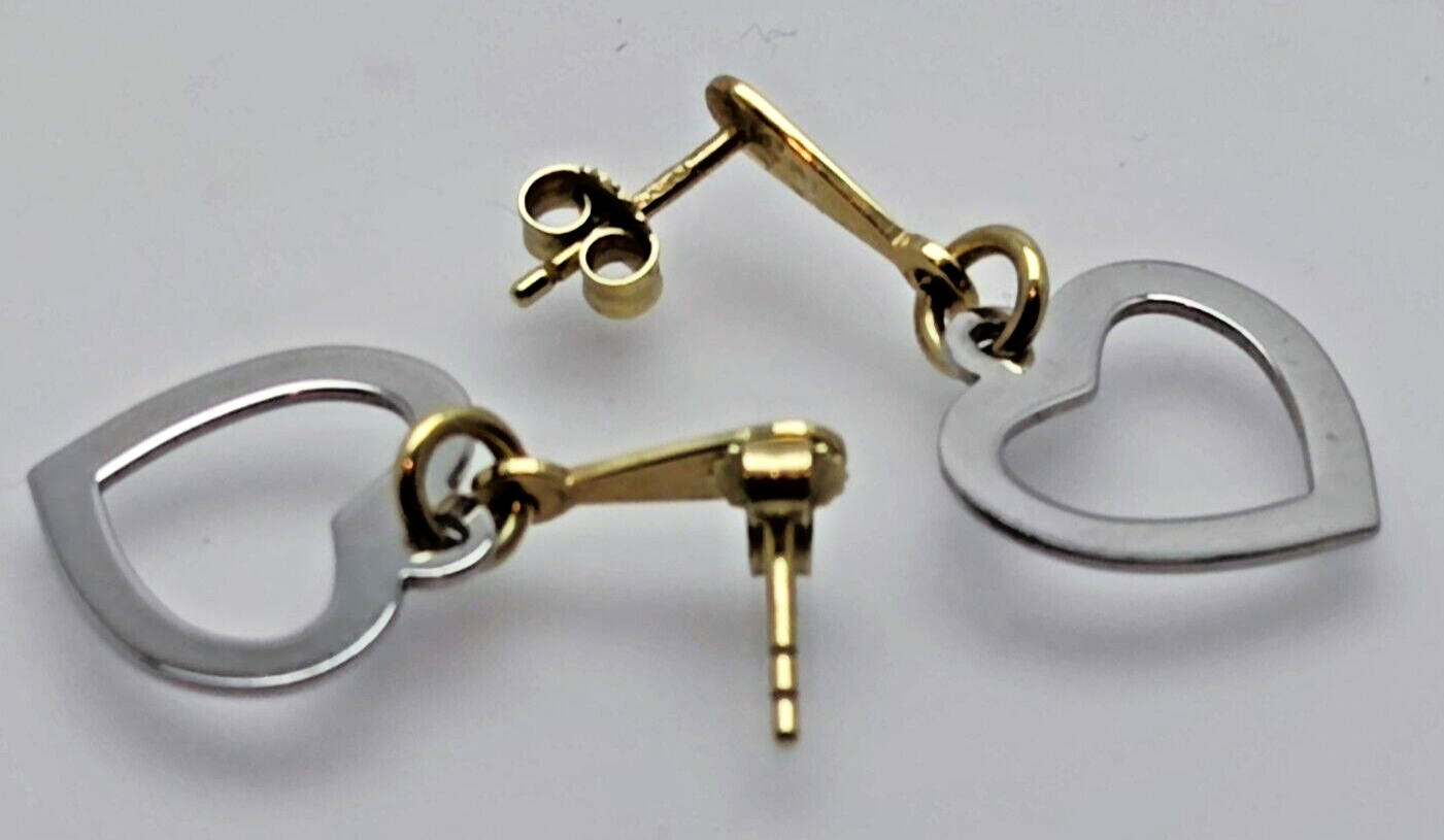 9ct Yellow and White Gold Drop Earrings Dangle Heart Shaped Charms