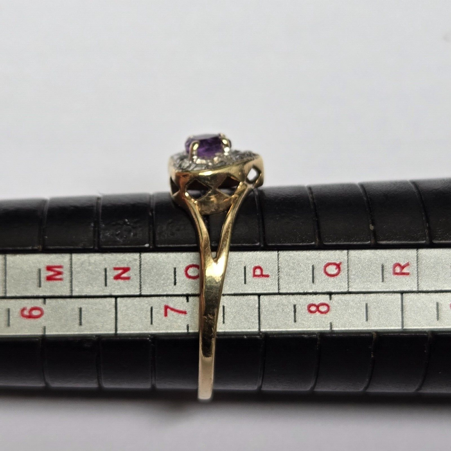 9ct Yellow Gold Heart Ring Purple Amethyst & Diamonds 375 Hallmarked Ring Size O