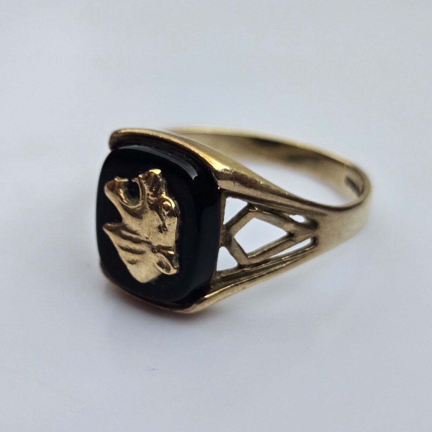 9ct Yellow Gold Tiger Head Ring Black Onyx Gemstones Weight 3.1g Ring Size S