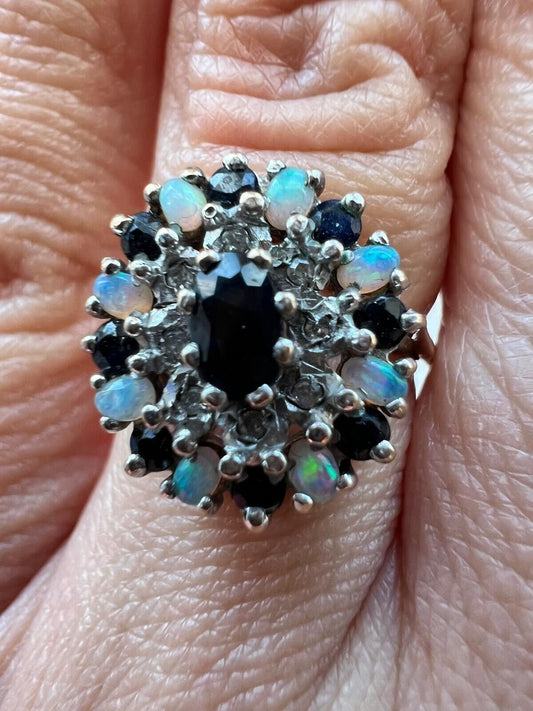 9ct Yellow Gold Ring Blue Sapphire White Opal Colourless Diamond UK Ring Size L