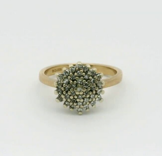 9ct Yellow Gold Ring Diamond Cluster 375 Hallmarked Ring Size I 1/2