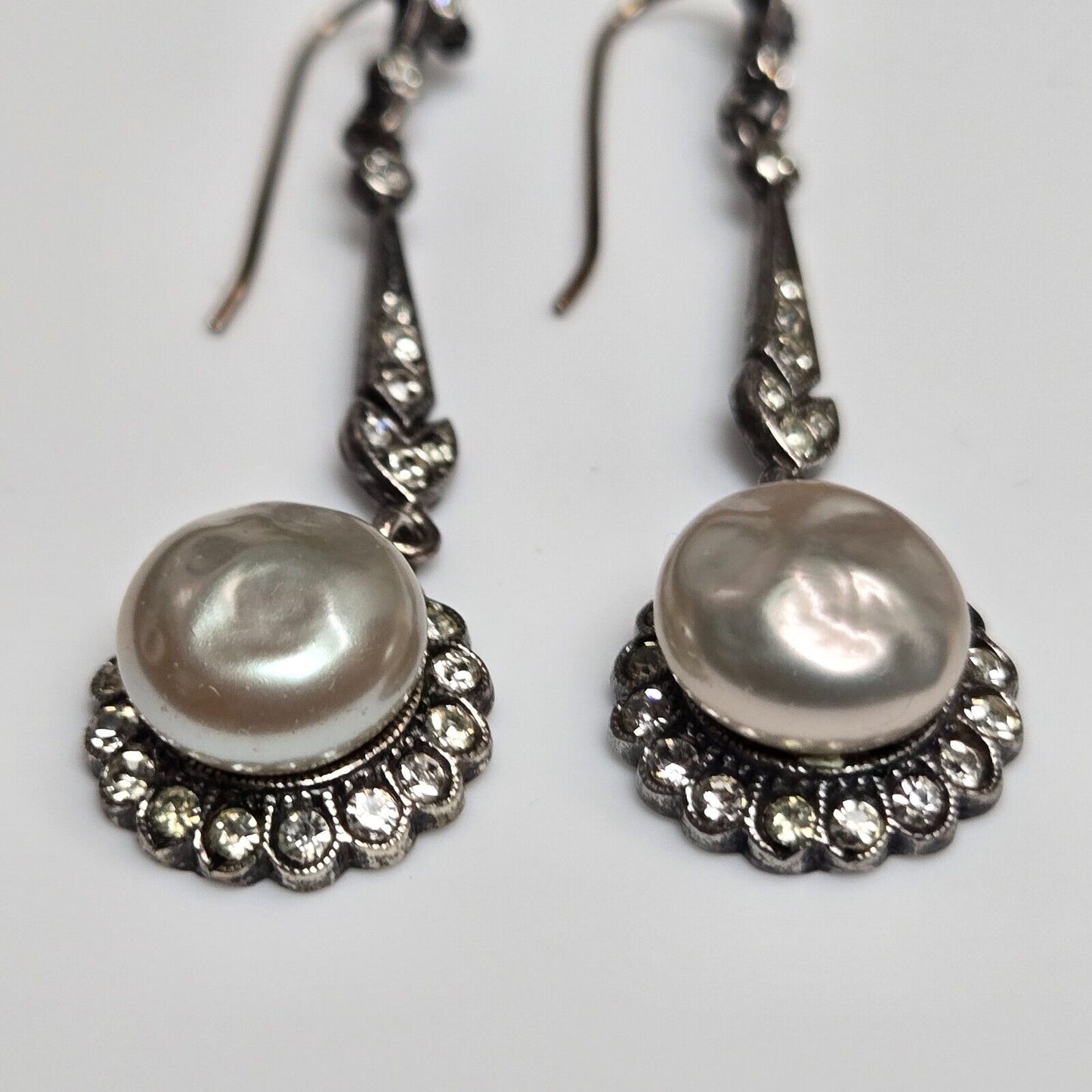 925 Silver Earrings With Paste 'Pearls & Diamonds' Drop Victorian Sterling