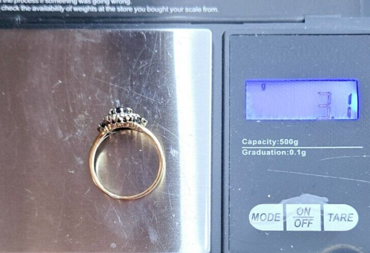 9ct Yellow Gold Ring Oval Blue Sapphire & White Diamonds Ring Size O 1/2