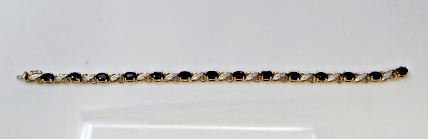9ct Yellow Gold Tennis Bracelet Blue Sapphire and Diamonds Gemstones 18.5m Long