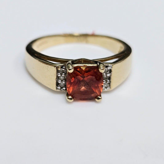 9ct Yellow Gold Ring Orange Citrine & Diamond Prong Setting Ring Size L
