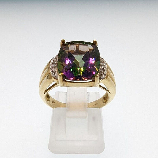 9ct Yellow Gold Ring Mystic Topaz & Diamond Statement Ring Size O