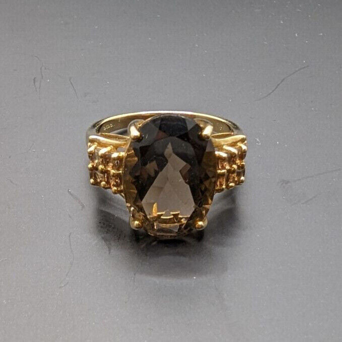 9ct Yellow Gold Ring Cocktail Champagne Quartz Gemstones UK Ring Size N