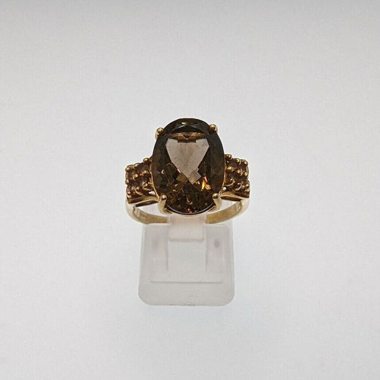 9ct Yellow Gold Ring Cocktail Champagne Quartz Gemstones UK Ring Size N