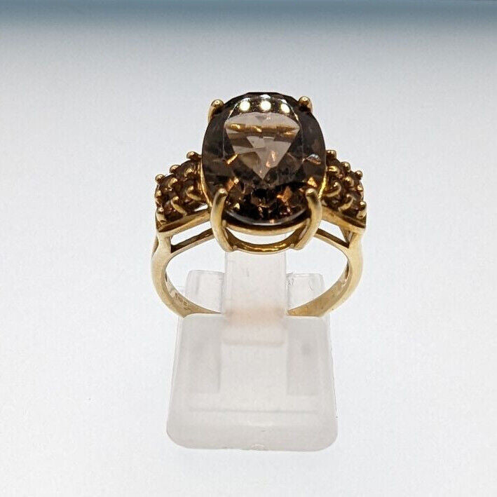 9ct Yellow Gold Ring Cocktail Champagne Quartz Gemstones UK Ring Size N